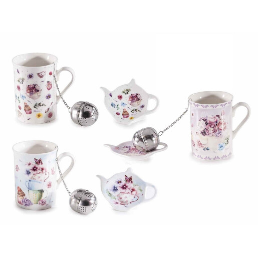 Set 3 cani portelan multicolor, 3 infuzoare otel ceai, 3 farfurioare in cutie cadou Ø 7,5 cm x 10,5 H, 300 ml