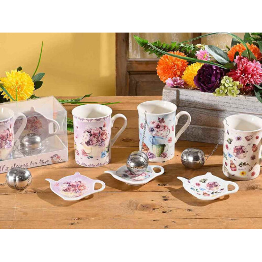 Set 3 cani portelan multicolor, 3 infuzoare otel ceai, 3 farfurioare in cutie cadou Ø 7,5 cm x 10,5 H, 300 ml