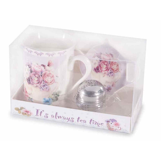 Set 3 cani portelan multicolor, 3 infuzoare otel ceai, 3 farfurioare in cutie cadou Ø 7,5 cm x 10,5 H, 300 ml