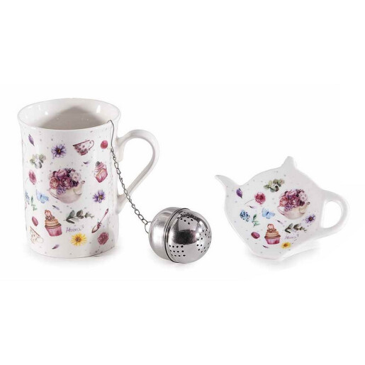 Set cana portelan multicolor, infuzor ceai, farfurioara in cutie cadou Ø 7,5 cm x 10,5 H, 300 ml