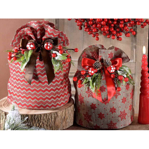Set 2 saculeti textil natur rosu Ø22cmx31H 