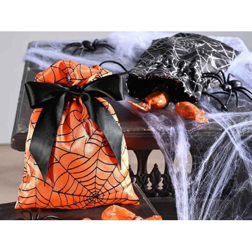 Saculet dulciuri Halloween textil portocaliu negru cm13x18H