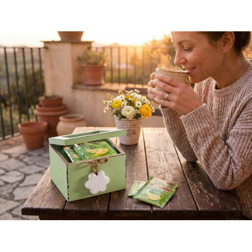 Cutie pliculete ceai sticla lemn verde alb vintage 10 x 9,5 x 7 H
