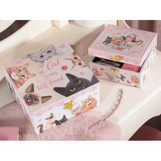 Set 2 cutii bijuterii muzicale lemn multicolor Pisicute cm 20 x 20 x 10 H, 16 x 16 x 8 H 