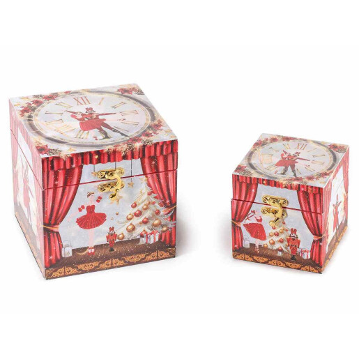 Set 2 cutii decor Craciun lemn 14x14x14 cm, 10x10x10 cm