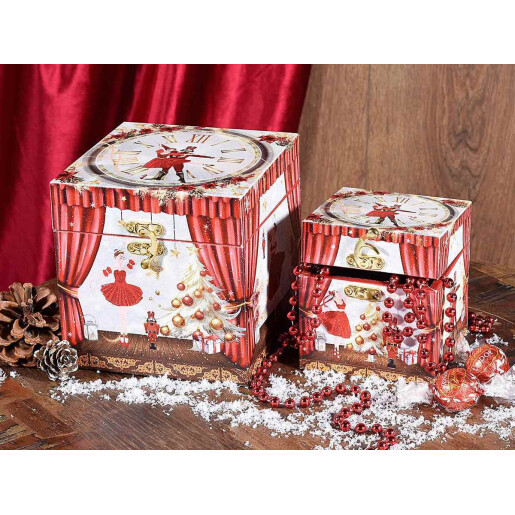 Set 2 cutii decor Craciun lemn 14x14x14 cm, 10x10x10 cm