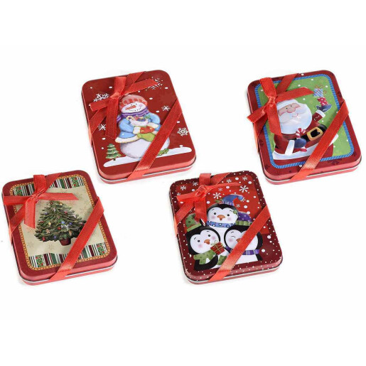 Set 4 cutii Craciun metal multicolor cm 9 x 12 x 1,5 H