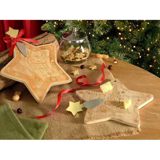 Set 2 platouri, 2 cutite Craciun lemn natur cm 22 x 21 H