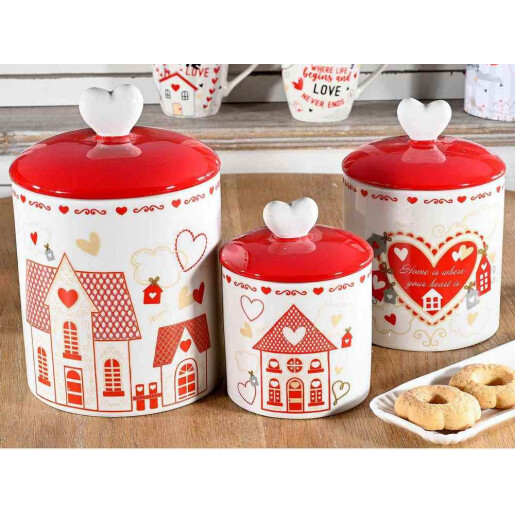 Borcan decorativ, depozitare ceramica alba rosie Ø 9,5 x 13 H