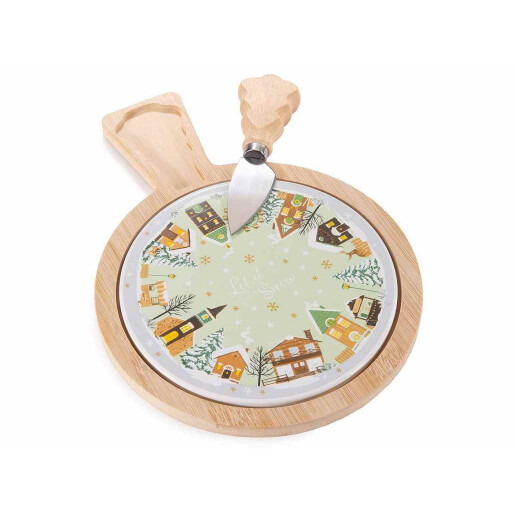Set platou cutit Craciun lemn ceramica multicolor 17.5x24 cm, 12.5 cm