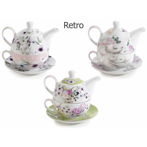 Set 3 ceainice, 3 cesti portelan multicolor 15.5x10.5x13.5 cm