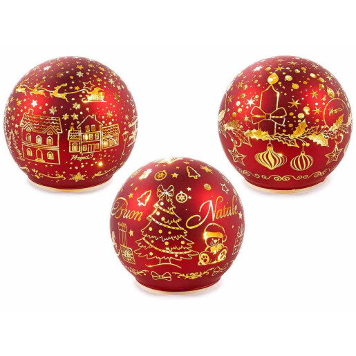 Set 3 sfere decorative Craciun sticla rosie aurie cu led Ø 10 cm x 9 H