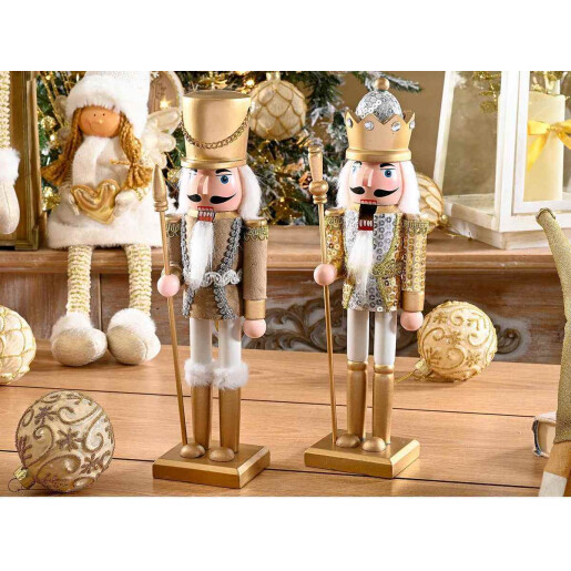 Set 2 figurine Spargatorul de Nuci lemn alb auriu 8.5x8.5x31 cm