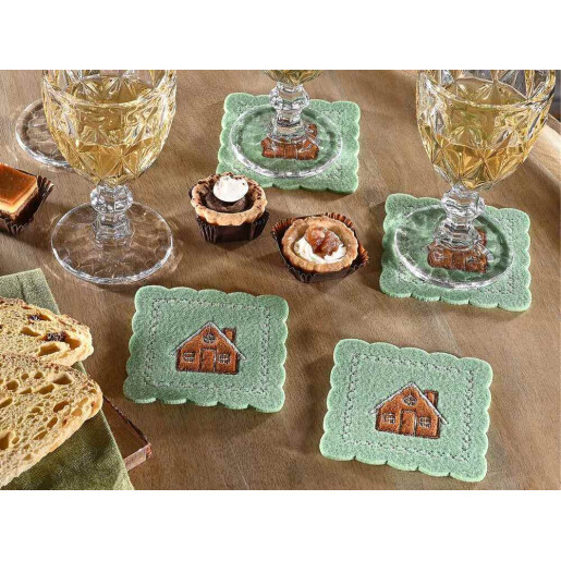 Set 4 suporturi pahare Craciun textil maro verde cm 10 x 10 H