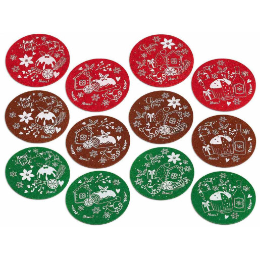 Set 18 suporturi pahare Craciun textil multicolor 12 cm