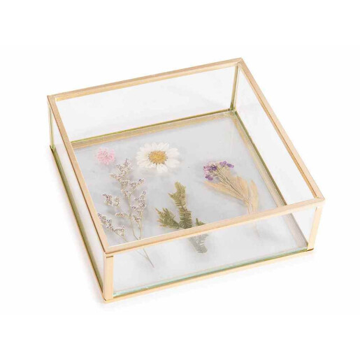 Cutie sticla si flori uscate cm 14 x 14 x 5 H