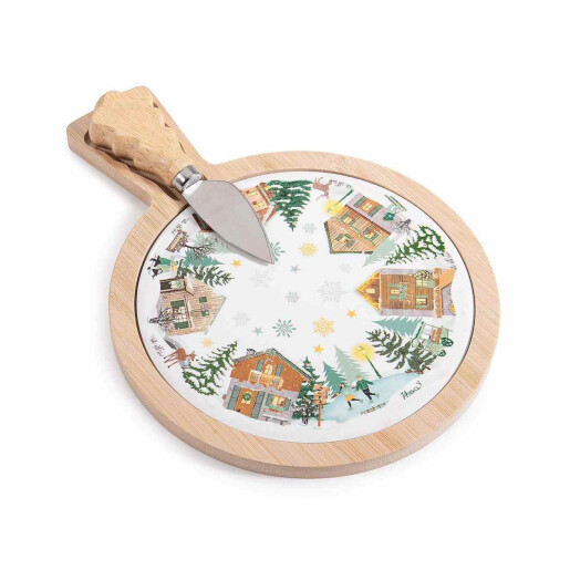 Set platou, cutit lemn ceramica multicolora cm 17,5 x 24 H