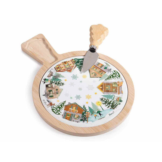 Set platou, cutit lemn ceramica multicolora cm 17,5 x 24 H