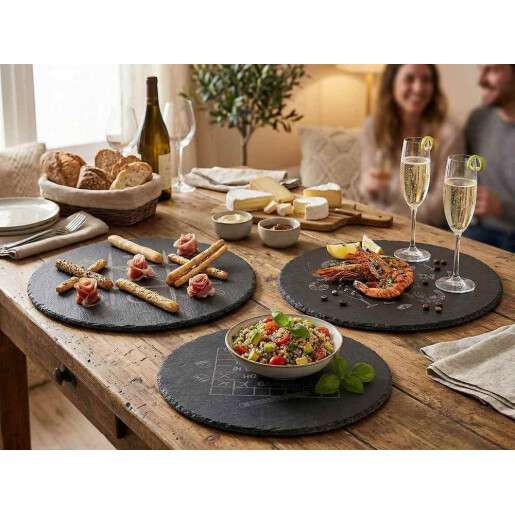 Set 3 platouri servire, tocator ardezie neagra  Ø 30 cm
