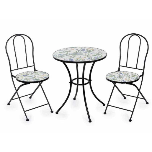 Set mobilier gradina masa 2 scaune fier ceramica Flowers Ø 60 cm x 70 H, 38 x 52,5 x 88 H