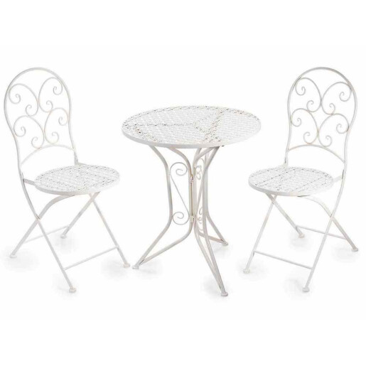 Set mobilier gradina masa 2 scaune fier alb Ø 60 cm x 70 H, 38 x 53 x 90 H