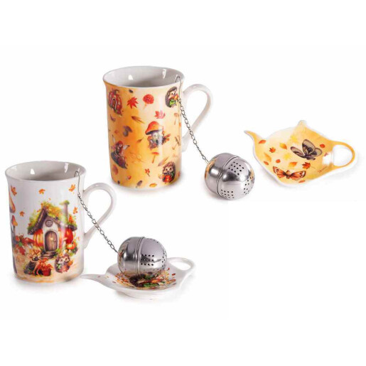 Set 2 cani portelan, 2 infuzoare ceai, 2 farfurioare in cutii cadou Autumn Ø 7,5 cm x 10,5 H, 300 ml