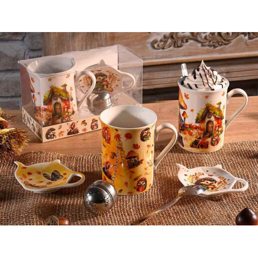 Set cana portelan, infuzor ceai, farfurioara in cutie cadou Autumn Ø 7,5 cm x 10,5 H, 300 ml