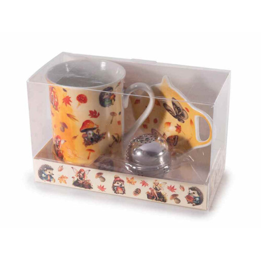 Set 2 cani portelan, 2 infuzoare ceai, 2 farfurioare in cutii cadou Autumn Ø 7,5 cm x 10,5 H, 300 ml