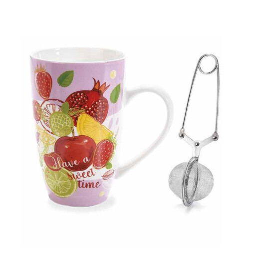 Cana ceai cu infuzor, portelan multicolor in cutie cadou, Fructe Ø 8,5 cm x 13,5 H, 450 ml