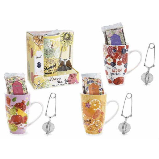 Set 4 cani portelan multicolor, 4 infuzoare otel ceai, 4 pliculete ceai in cutie cadou II Ø 8,5 cm x 13,5 H, 13,5 H, 450 ml