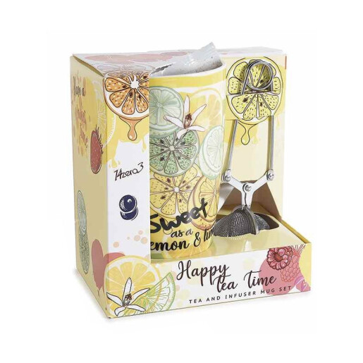 Set cana portelan multicolor, infuzor otel ceai, pliculet ceai in cutie cadou Ø 8,5 cm x 13,5 H, 13,5 H, 450 ml