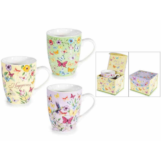 Set 3 cani portelan in cutii cadou Fluturasi Ø 8,5 cm x 10,5 H, 350 ml