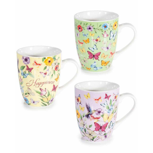Set 3 cani portelan in cutii cadou Fluturasi Ø 8,5 cm x 10,5 H, 350 ml
