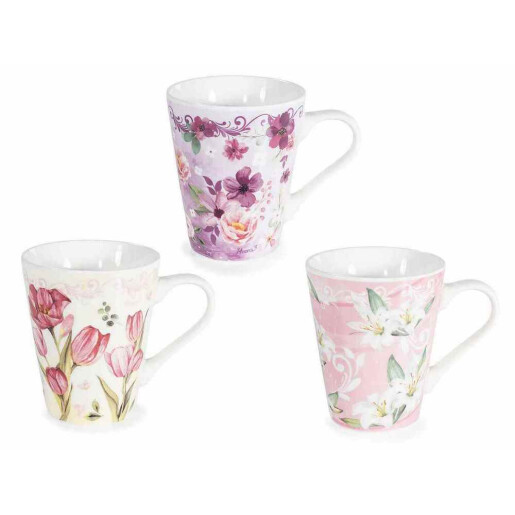 Set 3 cani portelan multicolor Flower Ø 8,5 cm x 10 H, 280 ml