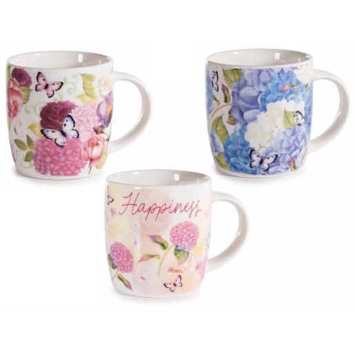 Set 3 cani portelan multicolor in cutii cadou Hortensii II  Ø 8,5 cm x 9 H, 350 ml