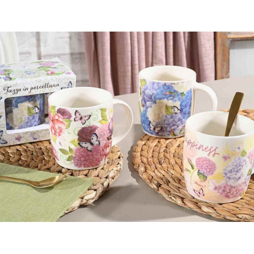 Set 3 cani portelan multicolor in cutii cadou Hortensii II  Ø 8,5 cm x 9 H, 350 ml