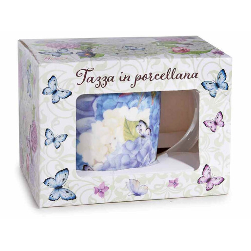 Set 3 cani portelan multicolor in cutii cadou Hortensii II  Ø 8,5 cm x 9 H, 350 ml
