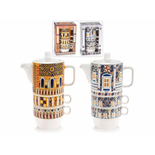 Set 2 ceainice, 4 cesti portelan multicolor 14.5x8.5x20.5 cm, 320 ml, 190 ml