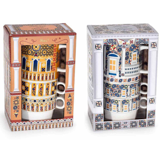 Set 2 ceainice, 4 cesti portelan multicolor 14.5x8.5x20.5 cm, 320 ml, 190 ml