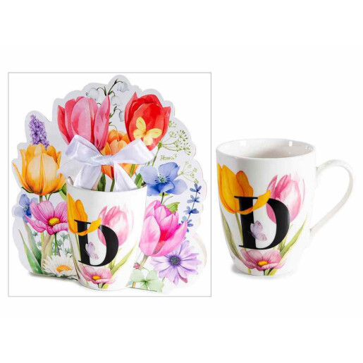 Cana portelan multicolor in cutie cadou litera D Ø 8 cm x 10,5 H, 300 ml