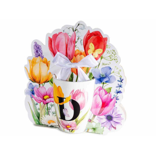 Cana portelan multicolor in cutie cadou litera D Ø 8 cm x 10,5 H, 300 ml