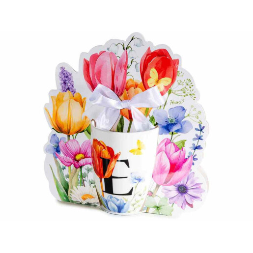 Cana portelan multicolor in cutie cadou litera E Ø 8 cm x 10,5 H, 300 ml