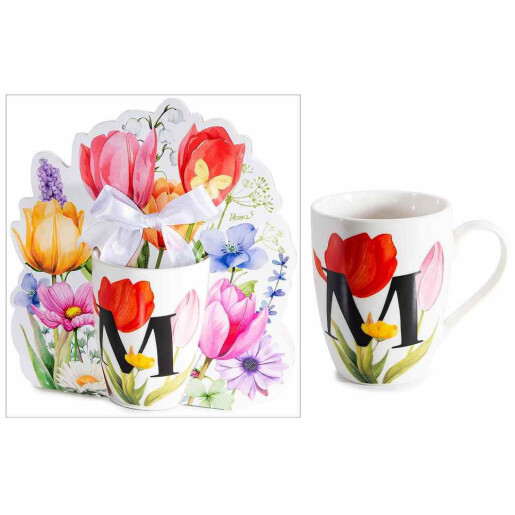 Cana portelan multicolor in cutie cadou litera M Ø 8 cm x 10,5 H, 300 ml