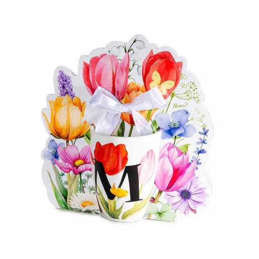 Cana portelan multicolor in cutie cadou litera M Ø 8 cm x 10,5 H, 300 ml