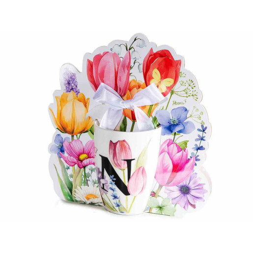 Cana portelan multicolor in cutie cadou litera N Ø 8 cm x 10,5 H, 300 ml