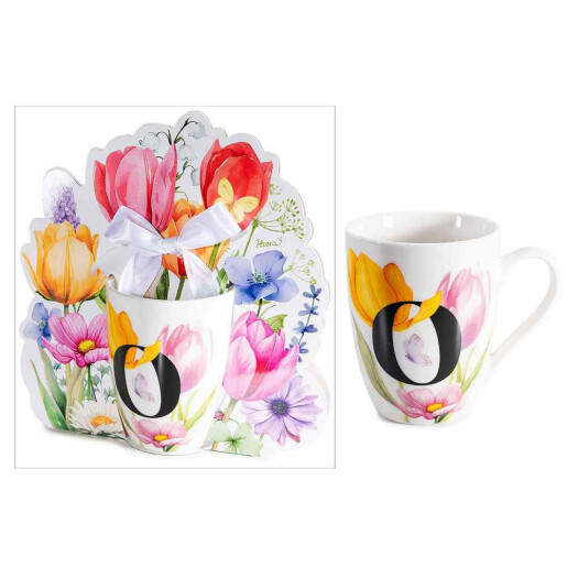 Cana portelan multicolor in cutie cadou litera O Ø 8 cm x 10,5 H, 300 ml