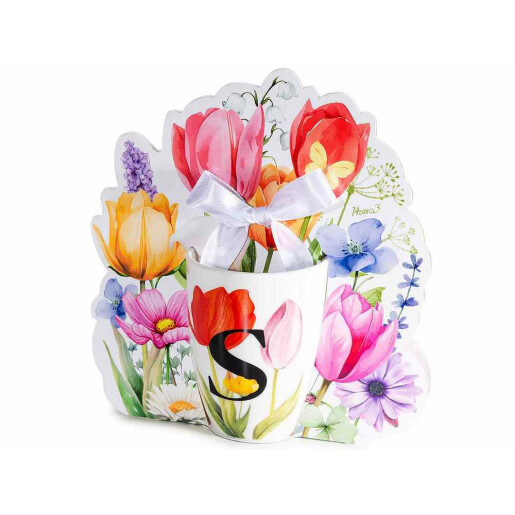 Cana portelan multicolor in cutie cadou litera S Ø 8 cm x 10,5 H, 300 ml