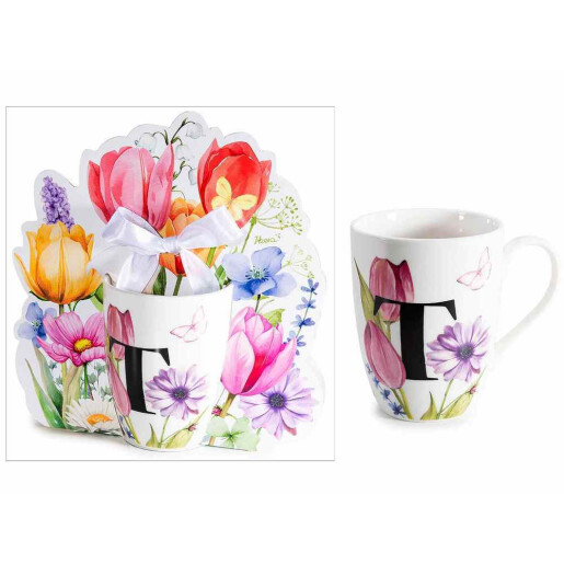 Cana portelan multicolor in cutie cadou litera T Ø 8 cm x 10,5 H, 300 ml