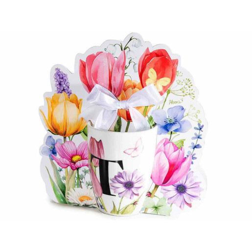 Cana portelan multicolor in cutie cadou litera T Ø 8 cm x 10,5 H, 300 ml