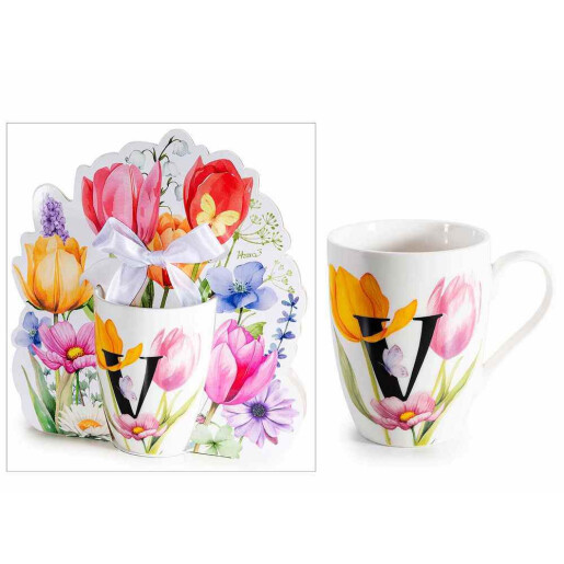 Cana portelan multicolor in cutie cadou litera V Ø 8 cm x 10,5 H, 300 ml